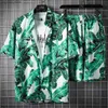 Herrspårar strandkläder för män 2 stycken set snabb torr hawaiisk skjorta och shorts set män mode kläder tryckning avslappnade kläder sommar Q240314