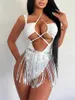 new Women's Swimwear Women One Piece Set Swimsuit Sequin Tassels Puch Up Solid Sexy Bandage Ruched Female Bathing Suit Beachwear Best quality Best quality