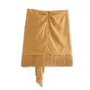 Kjolar fransade khaki mini kjol all-match hem back casual chic kvinnlig 2024 kvinnor hög midja samlade detalj Tassel