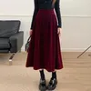 Röcke Damen Herbst Winter Lose Elastische Taille Pleuche Gold Samt Rock Solide Big Swing Casual A-Linie Weiblich Plissee Schwarz