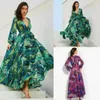 Kobiety z długim rękawem V Neck Floral Printed Boho Vintage Maxi Dress Holiday Beach Sukienka Sprężyna Jesienna Długa sukienka 240301