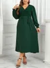 Plus Size Women Dresses Wrap V Neck Belt Elastic Long SemeVes Autumn Fall Sprimg Robe Solid Color Flowy Female Clothing 240311