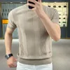 Summer Versatile Stripe Knitted T-shirt Korean Clothing Fashion Solid Short Sleeve Trend Ice Silk Business Bottoming Tops 240304
