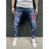 Jeans déchirés pour hommes, coupe cintrée, Patch peint à la mode, pantalon de mendiant, Jumbo, crayon, Hip Hop, Drop 892