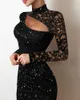 Casual Dresses 2024 spetsutskärning modeklänning glitter höjdpunkter stickat tyg slim-fit wrap höft kjol t240315