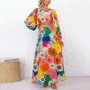 Casual Dresses Flower Print Women Maxi Dress Bohemian Round Neck Lantern Sleeve Lace Midjebälte Sundress Loose Travel Vocation Robe