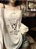 여자 T 셔츠 빈티지 나비 프린트 오프 어깨 티셔츠하라 주쿠 대형 캐주얼 베이지 티 여성 Y2K 미학적 그런지 티셔츠 섹시