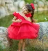Robes de fille en Tulle rouge, manches cape à fleurs, robe de princesse personnalisée pour fête de bébé