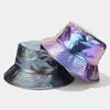 Bérets unisexe chapeau de seau imperméable holographique réglable protection solaire faux cuir plat pêcheur pour la sortie quotidienne