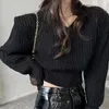 Suéteres femininos outono inverno manga comprida tops curtos casual solto pulôver torção moda coreana com decote em v roupas femininas 28836