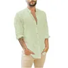 Men's Casual Shirts Spring Autumn Stand Collar Linen Loose Shirt Male Long Sleeve Solid Color Cardigan Top Hombre Oversized All-match Blouse