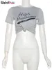 T-shirt da donna Strano gatto con stampa della lettera T-shirt da donna 2024 Estate Casual Manica corta Nodo Crop Top Wild Streetwear Basic Stretch Soft