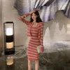 ワークドレス春と秋の韓国ファッションスリムストライプドレスセット女性の長袖ニットカーディガンノースリーブ2ピース