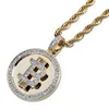 Hip Hop Micro Pave AAA Zirkonia Iced Out Bling Bitcoin Runde Anhänger Halskette für Männer Frauen Rapper Schmuck 240311