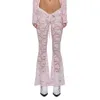 Pantalon féminin Femmes Lace Floral Sheer Mesh Flare Pant DrawString Low Rise Bell-Bottoms Sexy Voir à travers les leggings du Party Club Streetwear