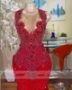 Mermaid Red Long Dresses 2024 Black Girls Sheer Crew Neck Diamonds Style Sparkly Rhinestones Crystals Sequined Prom Party Formal Evening Gowns
