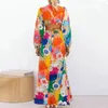 Casual Dresses Flower Print Women Maxi Dress Bohemian Round Neck Lantern Sleeve Lace Midjebälte Sundress Loose Travel Vocation Robe