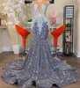 Sparkly Sier Meerjungfrau Ballkleider 2024 Kristall Strass Abschlussfeier Kleid Abendkleider Robe De Bal Nach Maß