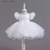 Girl's Dresses New childrens first birthday princess birthday party dress Sequin bubble sleeve lace mesh fluffy dress communion dinner dress L240317