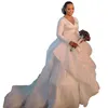 Moderno babados a linha vestidos de casamento simples cetim mangas compridas vestidos de noiva com decote em v tribunal trem em camadas plus size vestido de noiva 2024
