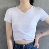 2023 Nieuwe Koreaanse Slim Fit Gevouwen Open Navel Top Womens V-hals Korte Mouw T-shirt Dames Zomer Dames T-shirt 080