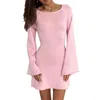 Casual Dresses Women Tie-up Open Back Knitted Dress Summer Beachwear Solid Color Long Sleeve Backless Mini For Club Streetwear
