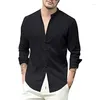 Men's Casual Shirts Spring Autumn Stand Collar Linen Loose Shirt Male Long Sleeve Solid Color Cardigan Top Hombre Oversized All-match Blouse