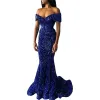 Sexig av axel glänsande paljetter sjöjungfru aftonklänning Royal Blue V Neck Long Black Girls Prom Party Gowns Vestidos DE