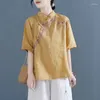 Damesblouses Borduren Vintage Katoen Linnen Shirts Casual Stand Hellend Schuin Button Up Blouse Harajuku Chinese Losse Tops Mujer