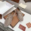 Loro * Piana Lazy LP Mocassins formais femininos de couro camurça sapatos de feijão de fundo plano grande estilo europeu