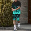 Herrspårsuits 2017 sommar Nya herrar Short Sleeved T-shirt Set Fashion Flame 3D Printing Sweatshirt Casual Beach Street Youth Two Piece Set Q240314