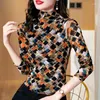 Vrouwen Blouses 2024 Lente Herfst Vrouwen Lange Mouw Print Shirt Vrouwelijke Onderkant Kraag Half Hoge Hals Top Dames Slim casual G487