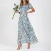 Vestidos de festa com decote em v plissado manga curta maxi vestido cintura apertada cintura alta flowy hem doce floral impressão chiffon roupas femininas