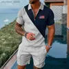 Men's Tracksuits Mens Tracksuit 3D printed polo shirt 2-piece set with zippered lapel necklace and shorts Hawaiian holiday style casual mens clothing Q240314