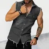 Men's Jackets Lapel Sleeveless Vest Jacket Single-breasted Flap Pockets Shirt Coat Tassel Men Summer Solid Color Denim Streetwear