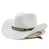 Berets palha cowboy chapéu com metal chapeado hatband shapeable cowgirl jazz bonés para o pai verão ocidental sombrero férias praia sunhat