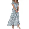 Vestidos de festa com decote em v plissado manga curta maxi vestido cintura apertada cintura alta flowy hem doce floral impressão chiffon roupas femininas