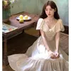 Party Dresses Sweet Floral White Dress Women Fashion Vintage Lace Embroidery V Neck Midi A Line Puff Sleeve Holiday Sundress Vestidos