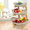 Baskets 3 Tiers Ceramic Fruit Basket Bowl Set w/ Wooden Stand Rack , Candy Dish Serving Kitchen Fruit Bowl Holder Wooden Storage Rack