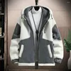 Men's Jackets Fall Winter Men Jacket Colorblock Hooded Zipper Closure Cardigan Thick Plush Warm Long Sleeve Cold Resistant Coat