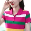 New Womens Shirt Striped Short sleeved T-shirt Womens Summer 2024 New Middle aged Mom Slimming Polo Shirt T