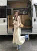 パーティードレスファッショナブルな韓国の女性のVネックルーズでスリムなソリッドカラープリーツの気質ロングスカートシンプルなカジュアルノースリーブドレス
