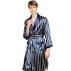 Men's Sleepwear Blue Striped Men Summer Shower Robe Silk Dress Male Homewear Long Sleeve Kimono Bathrobe Thin Nightwear Oversize 5XL