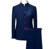 Men's Suits Fashion Brand Mens Retro Wedding Party 2-Piece Set (Blazer Pants) Luxury Embroidery Men Tang Suit Plus Size S-6XL