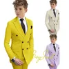 Yellow Boys Suit Double Breasted Jacket Pants 2 Piece Set Business Style Formal Wedding Tuxedo Custom Size Blazer Kids 240304