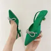 Sandalet 2024 Yaz Moda Arka Kayış Pompaları Crystal Yay Yeşil Mavi Noktalı Ayak Slingback Ayakkabıları Marka 3cm Düşük Yüksek Topuk Mules