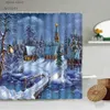 Shower Curtains Christmas Shower Curtain Set Beautiful Window View Winter Snow Scenery Xmas Tree Retro Wooden House Cute Snowman Bathtub Screens Y240316