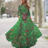 Casual Dresses Polyester Fiber Dress Elegant Floral Print Maxi For Women A-line Big Swing High midje kväll med halv ärmar