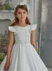 Sukienki dla dziewczynki biała satynowa sukienka Komunii dla dziewczyn z rękawem koronki koraliki kwiatowe suknie weselne suknie