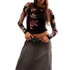 Kobiety dla kobiet T -Siatka z długich rękawów Top kwiatowy nadruk próbka Sheer Sheer Shirt Dopasowana koronkowa bluzka z warstwą Y2K